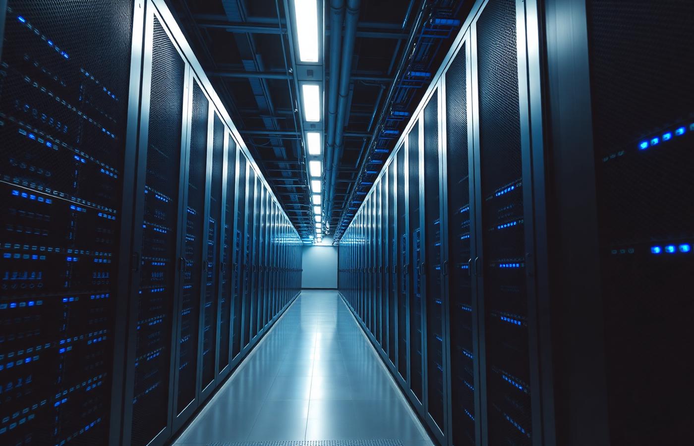 Server racks in a data center corridor